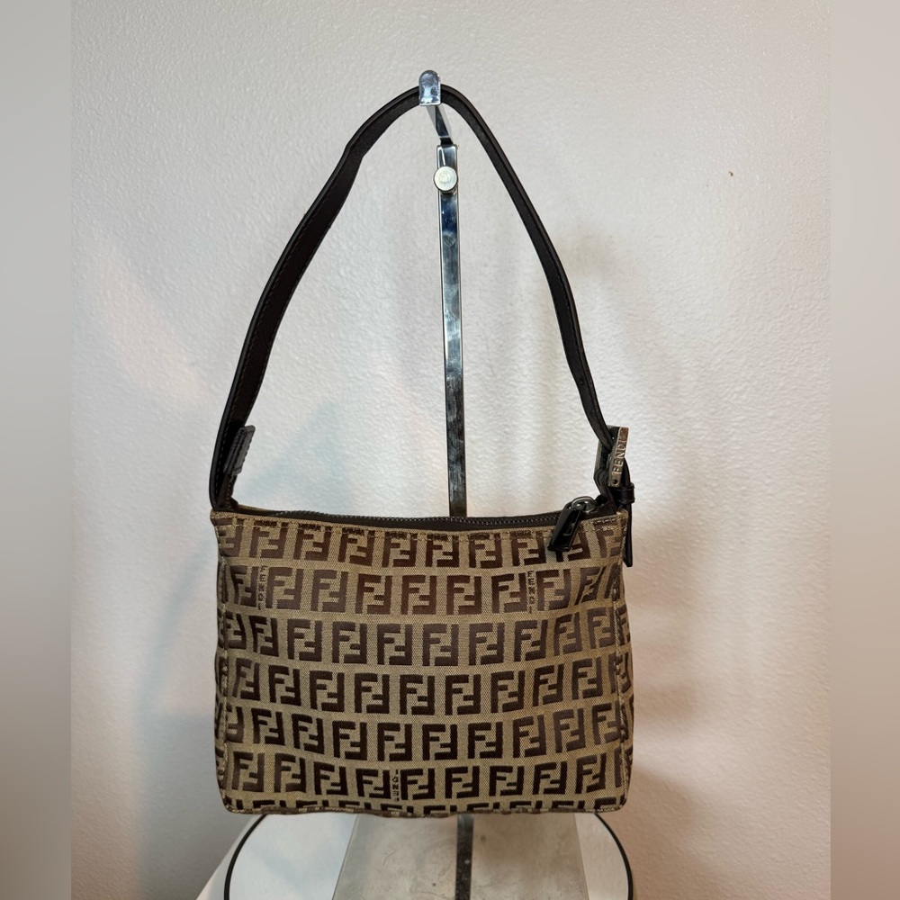 Fendi Vintage Brown Zucchino Canvas Baguette Pouch Shoulder Bag